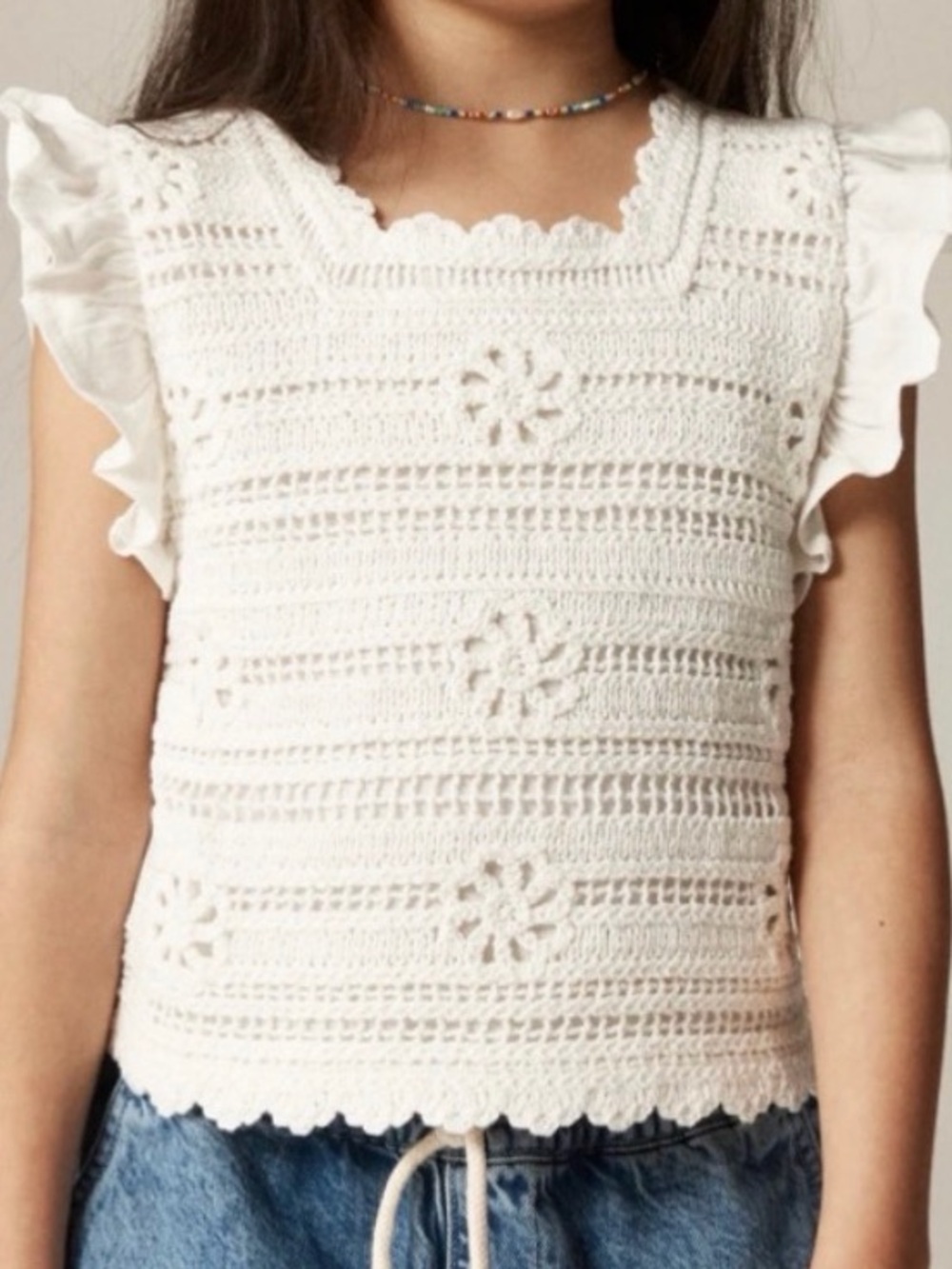 Crewcuts White Crochet Ruffle Sleeve Tank Top Sz L New crochet boho summer basic